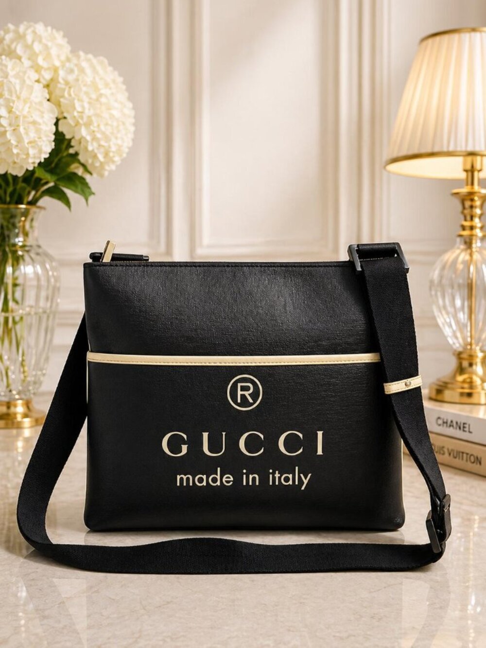 Authentic Gucci Logo Messenger Crossbody Bag Black Canvas Leather Trim Designer